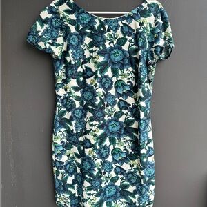 Blue floral Ann Taylor LOFT linen blend v back dress